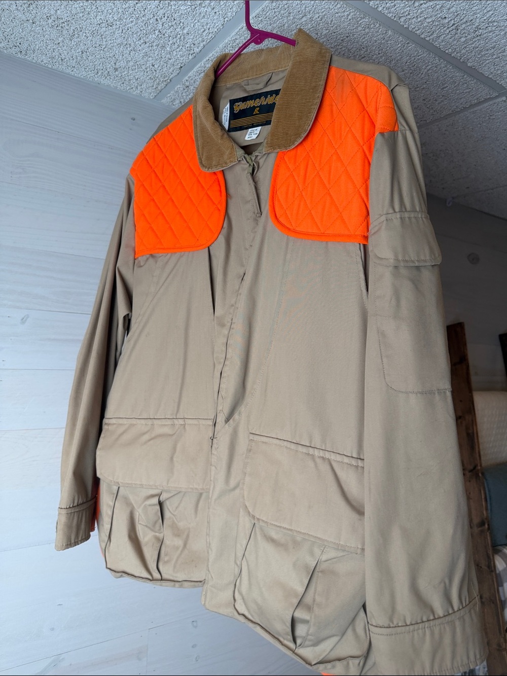 Men's Tan Field Jacket with High-Vis Orange Quilted Shoulders - Picture 3 of 16